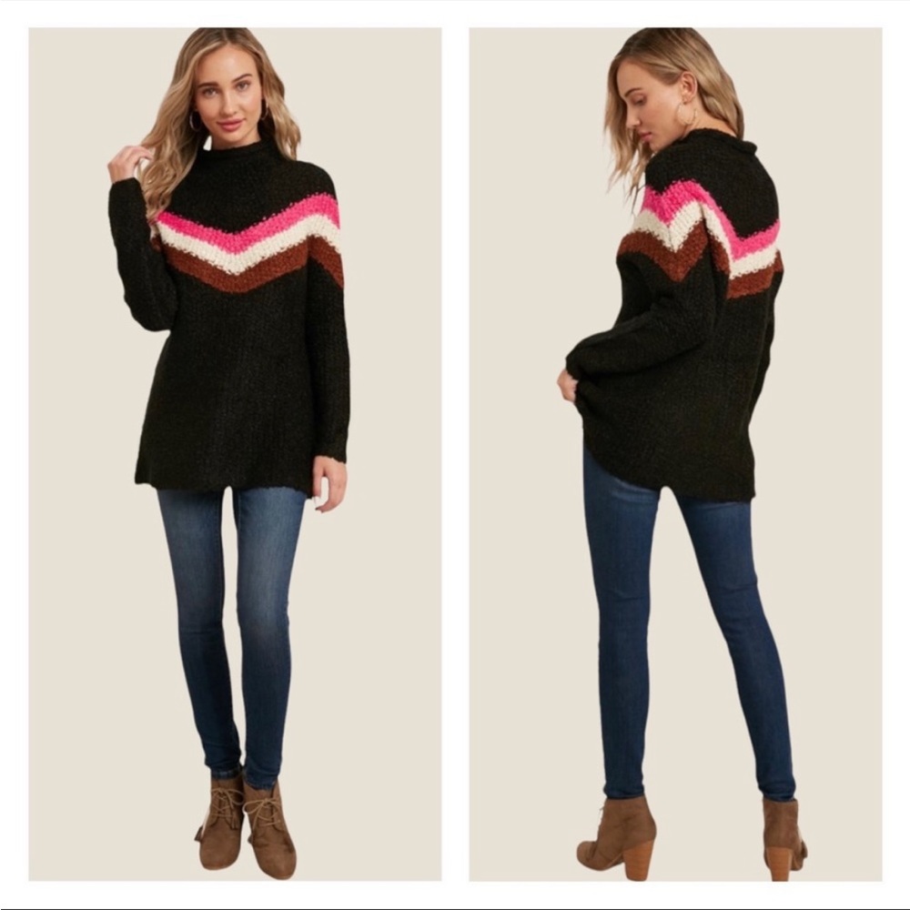 Color Block Chevron Mock Neck Pullover
